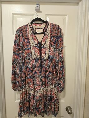 Anthropologie Paisley Tiered Mini Dress in Navy, Red & Cream